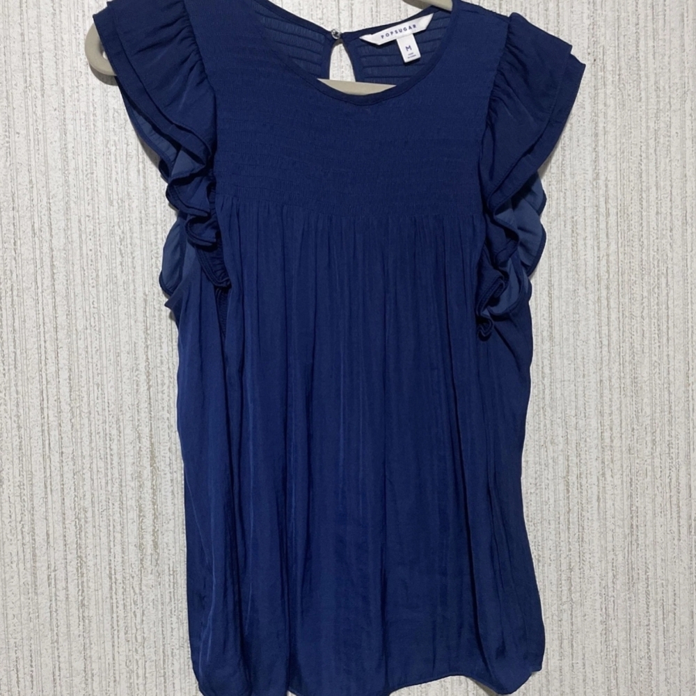 Popsugar Size Medium Blue Blouse Pleated Ruffles